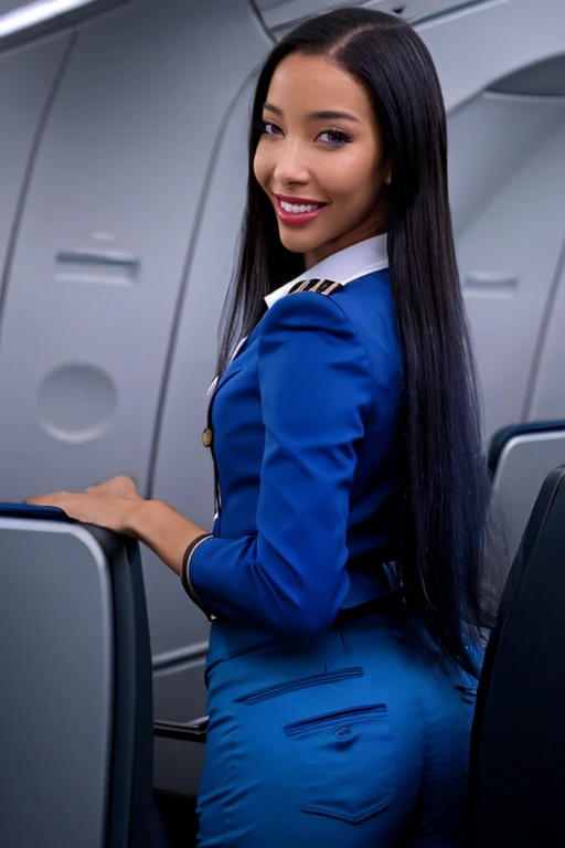 cinematic film still a photo of Lia.Lin as flight attendant, high cheekbones, happy expression, blue uniform, blue pants, from behind, looking back over shoulder at viewer, standing, inside airplane, long black hair, <lora:LiaLin:1>, masterpiece, high resolution, best quality, . shallow depth of field, vignette, highly detailed, high budget, bokeh, cinemascope, moody, epic, gorgeous, film grain, grainy