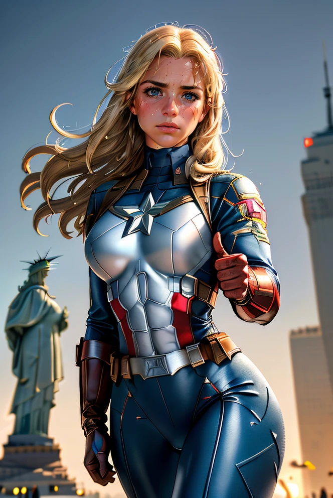 Professional digital art of beautiful blonde woman, GA1 as Captain America, (wearing Captain Americafull uniform) (action heroine) she has a muscular figure, she's doing a thumbs up, single thumbs up, in the streets of New York City, (Statue of Liberty in the background), New York winter weather, night time, ray-tracing, The city is under attack. Fire explosions, military airplanes in the sky (f16's). She has a determined look. Soldiers in the background. 4k, bokeh, 8k, masterpiece, highest quality, highly detailed Captain Britain outfit, 36y0 muscular woman posing, hi-res, hdr. <lora:GemmAtkinsbyMal:1.1> <lora:add_detail:0.5>. (She's sweaty and battle weary:1.2) <lora:single thumbs up:1> <lora:zoom_slider_v1:-1-5>