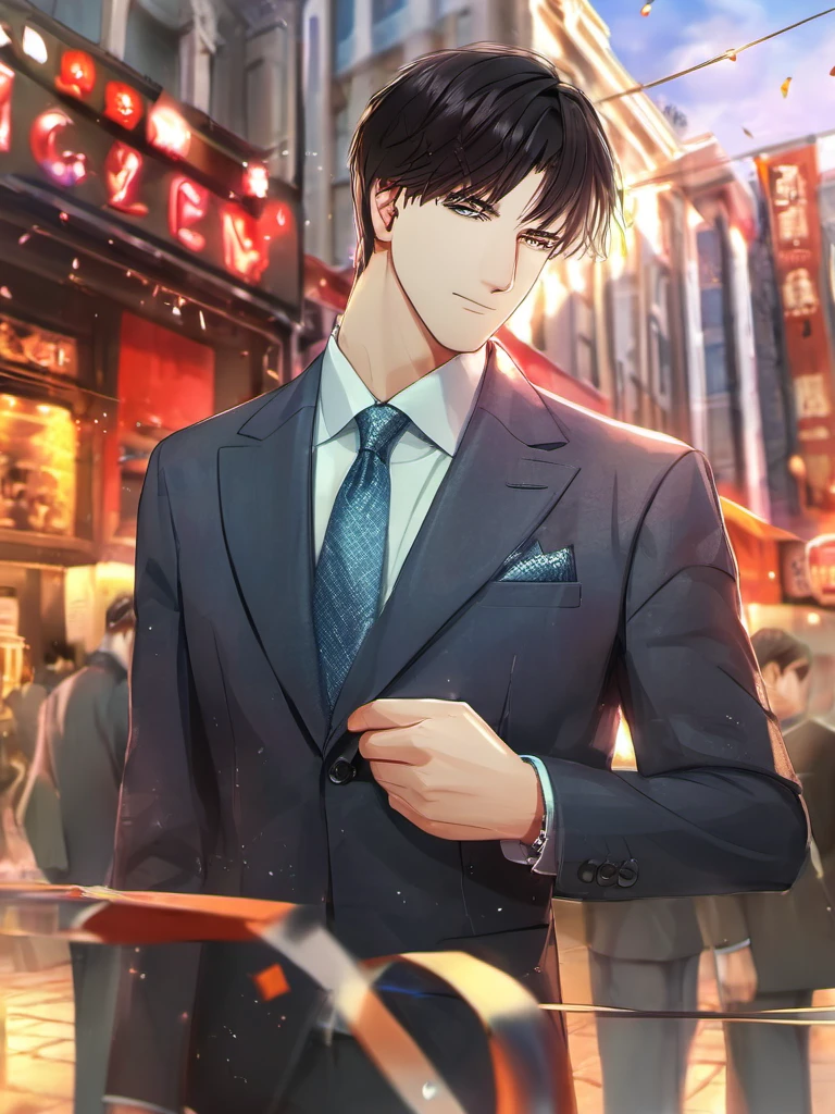 1boy, (full body,:1.2) ,outdoor, standing,
looking at the viewer,
male focus, necktie, solo, jacket, shirt ,
Lavish background decoration,
,ultra quality, (digital painting,:1.2) , cartoon, highly detailed,
, <lora:Boy_V4-000014:0.8>