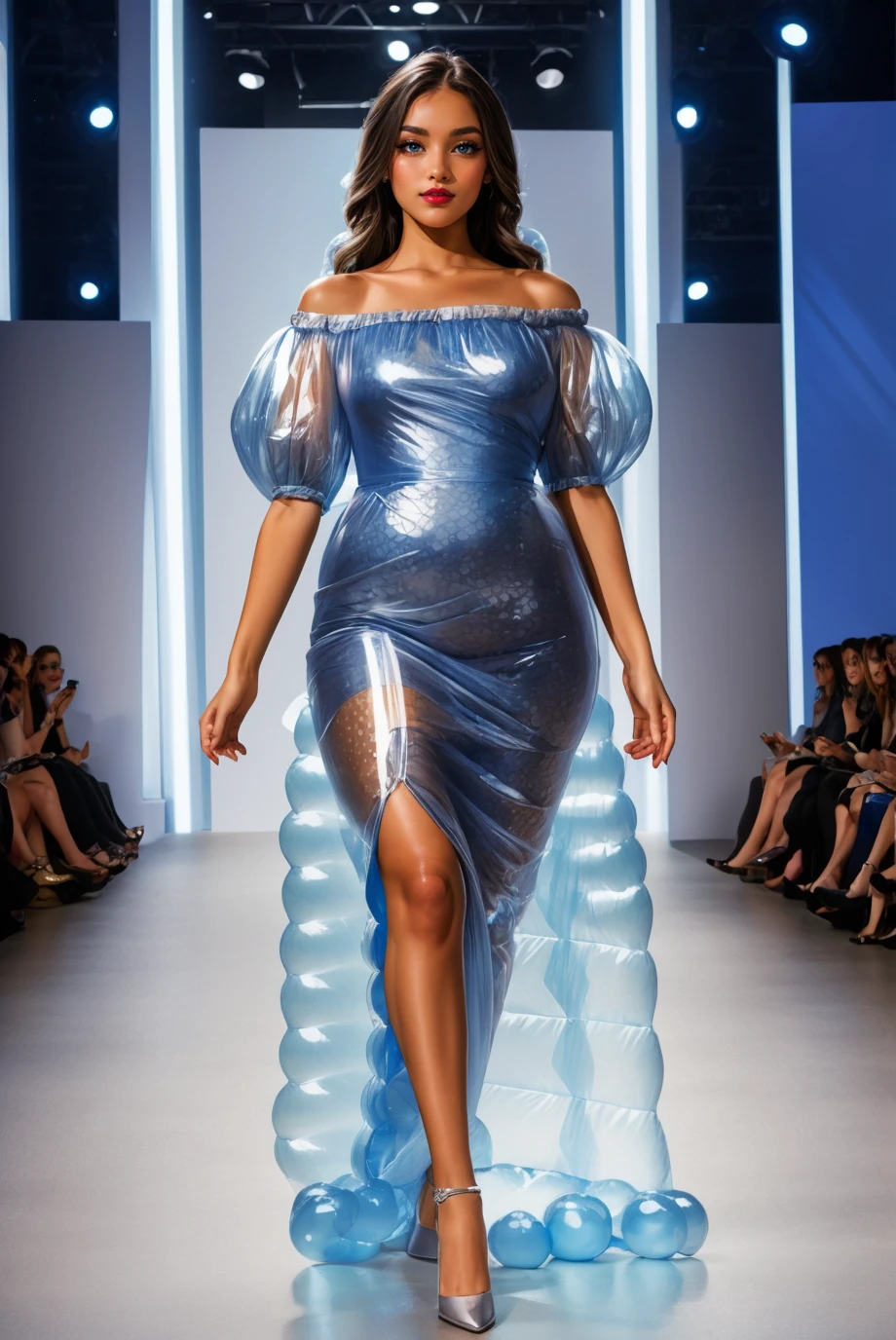 Adult, curvy, looking at viewer, (full body photo:1.3), (black long wavy hair:1.1), bubbl3_dr3ss, dress made of bubble wrap, puffy sleeves, <lora:bubbl3_dr3ss-06:0.85>, best quality, high detail, high quality, high res, 4k,eyeliner, pouty lips, detailed skin texture, (blush:0.5), (fashion show catwalk:1.3), smiling,