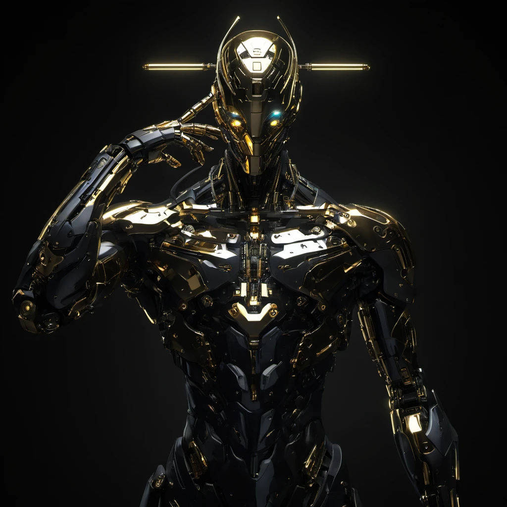 a robot with a gold body and a black background with a light shining on it's head and arm,Eddie Mendoza,cybernetic,cyberpunk art,afrofuturism,<lora:FN_WeiLai:1>,