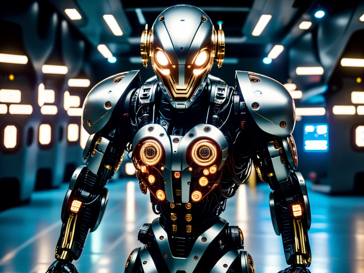 cinematic photo ohwx, a robot with human face is standing in a large room . 35mm photograph, film, bokeh, professional, 4k, highly detailed