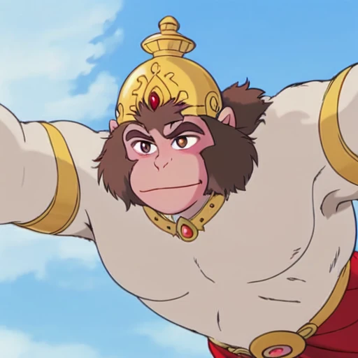 H8NUM8N, anime style, full body, wide angle, brown hair with smile, golden crown, monkey face, (happy:1.5), white furry body, red cloth, bloom, ambient occlusion, sun, beautiful detailed eyes, masterpiece, glowing flowers behind, light particles, bokeh, depth of field, 8k, highly detailed