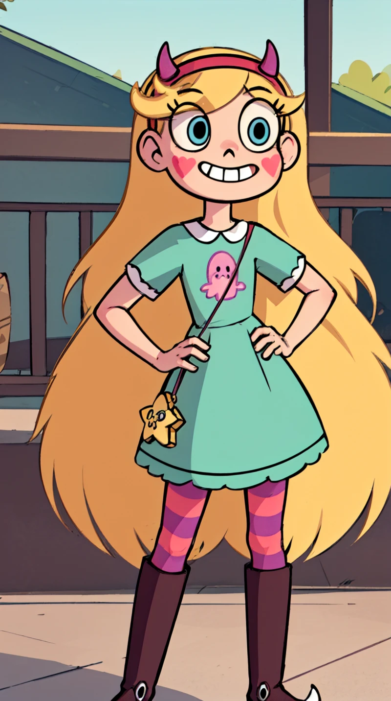 starbutterfly, 1girl, blonde hair, horned headwear, hairband, long hair, solo, teal dress, heart, blue eyes, facial mark, very long hair, smile, boots, striped pantyhose, striped, bag, blush stickers,looking at viewer,hand on hip, teeth,     <lora:starbutterfly2.0:0.65>