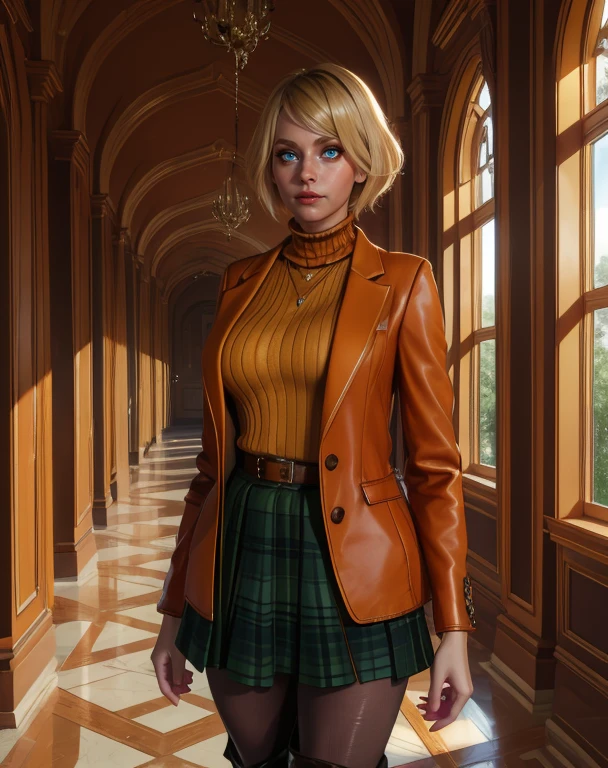 ashley,blue eyes,blonde hair,short hair,
orange jacket,orange turtle neck,necklace,skirt,belt,pantyhose,boots,
mansion,indoors,
standing,  upper body, 
(insanely detailed, masterpiece, beautiful face, best quality),solo,<lora:ashleyREM:0.8>,