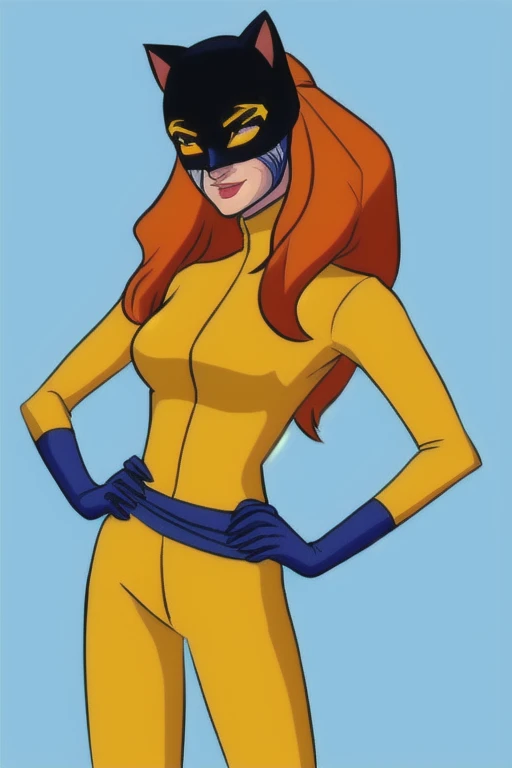 <lora:Patsy_Walker_Hellcat-000007:1>, hellcat, 1girl, yellow jumpsuit, blue belt, blue gloves, cat mask, hands on hips, victory pose