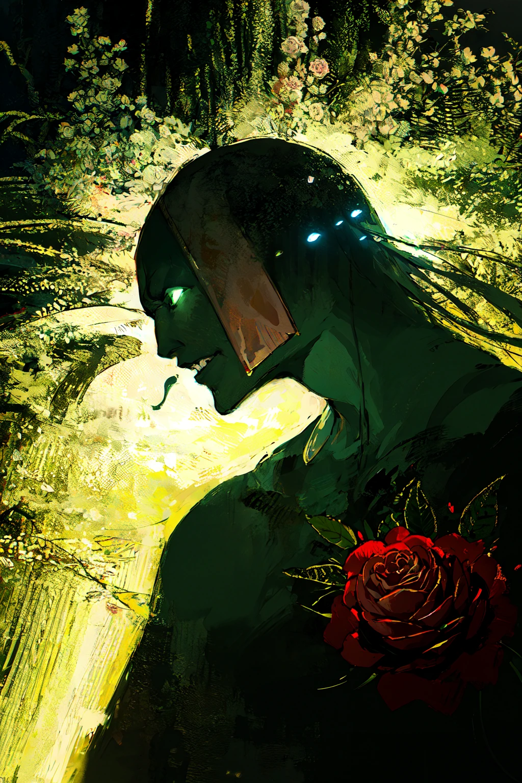 scenery front crater, monster plant, old garden rose, blooming, sunlight, melancholic, fiberoptic, (fluorescent, blacklight:1.1), best quality, masterpiece, oil painting \(medium\), tkstyle <lora:tkstyle_2:0.8>