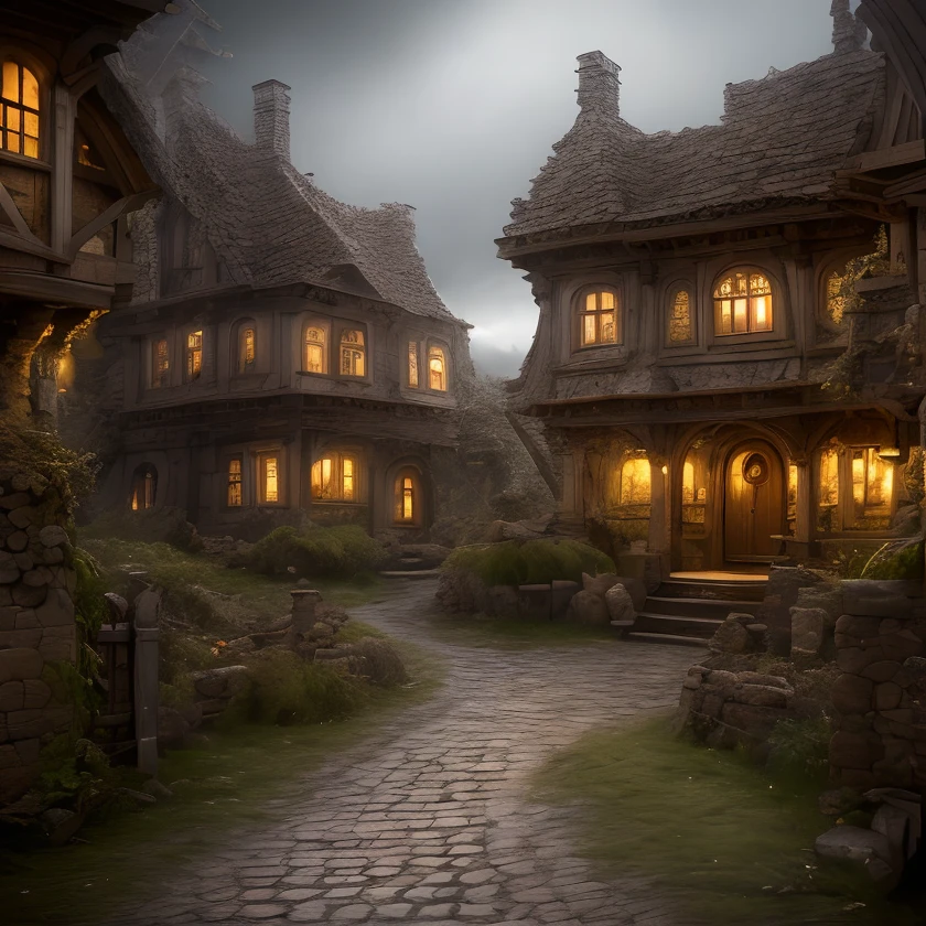 (masterpiece:1.2), (best quality,:1.2), 8k, HDR, ultra detailed, ((photorealistic)), perfect anatomy, professional light, cinematic lighting, fashion photography, ambient lighting,<lora:detail_slider_v4:3>, a medieval fantasy settlement, old houses, dark and sinister mood, <lora:FantasySettlement-10:1>, epiCPhoto