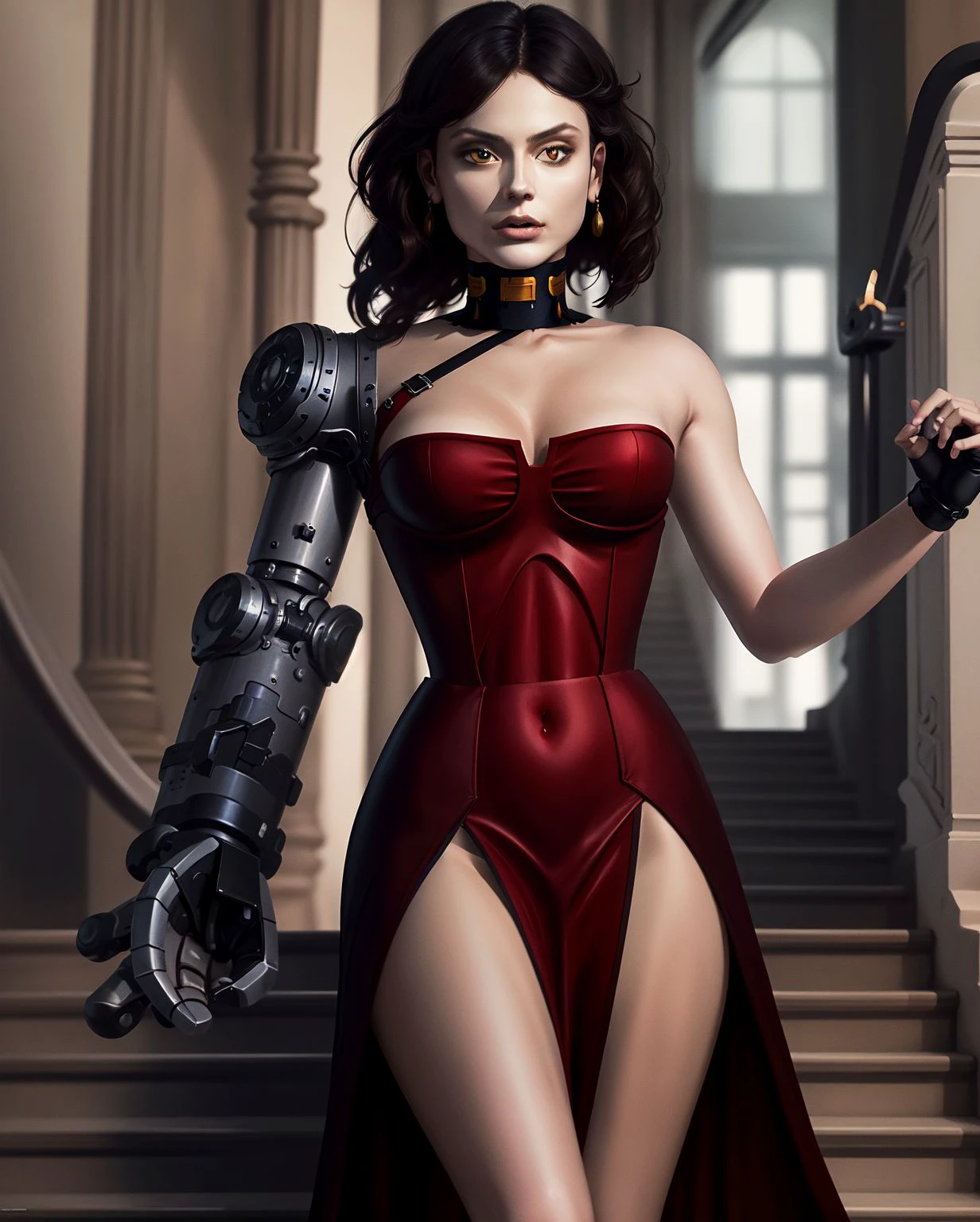 (masterpiece, best quality, high resolution:1.3), <lora:HandFineTuning:0.1>, <lora:ard3nSW10:0.8> ard3nSW, yellow eyes, bionic arm, choker, ball gown, long satin dress, ballroom stairs