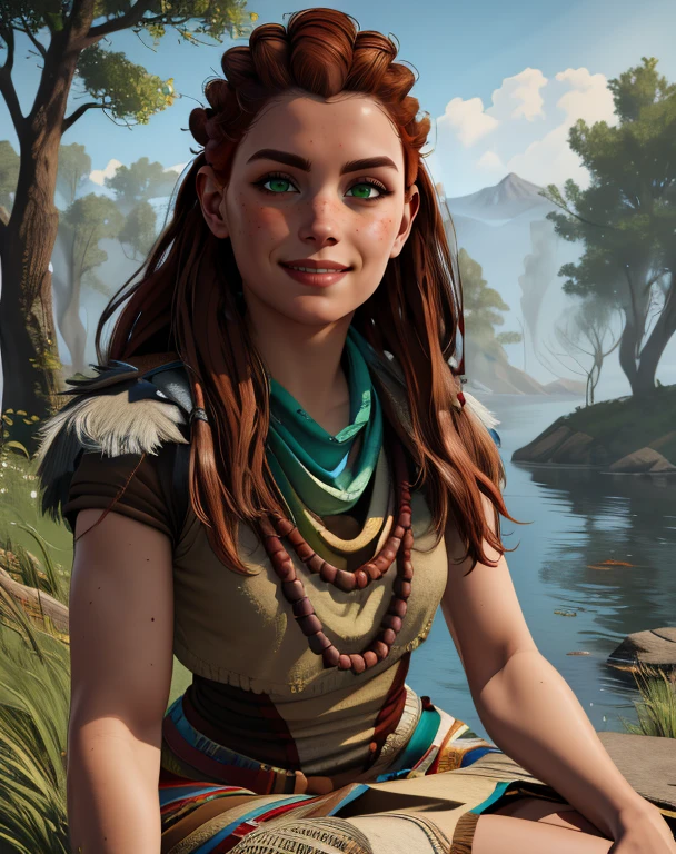 (masterpiece, best quality)
1girl, AloyHorizon, solo, long hair, red hair, redhead, brown eyes, jewelry, closed mouth, standing, upper body, weapon, braid, cowboy shot, outdoors, sky, red hair, day, necklace, tree, blue sky, lips, looking to the side, fur trim, leaf, feathers, realistic, nose, branch, autumn leaves, tribal, multiple braids, cleavage, big breasts