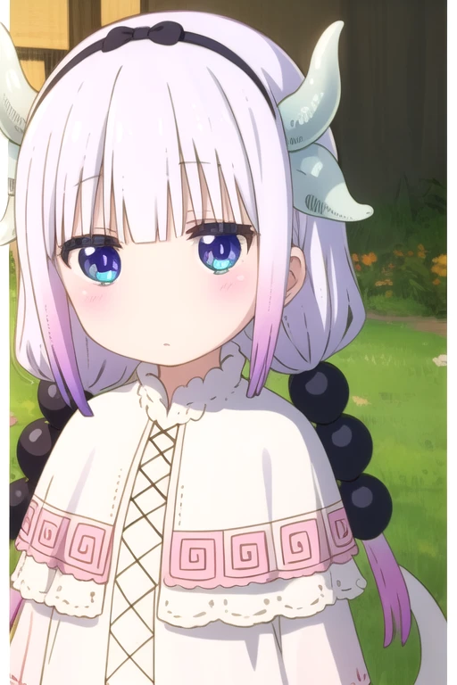 ((masterpiece)),(best quality),official art,extremely detailed CG,unity 8k wallpaper,ultra detailed,beautiful detailed eyes,extremely detailed face,1girl,solo,upper body,(portrait:1.5),looking at viewer,facing viewer,jitome,deadpan,dragon_girl,dragon_horns,black_hairband,long_hair,low_twintails,multicolored_hair,gradient_hair,light_purple_hair,hair_ornament,hair_beads,blunt_bangs,blue_eyes,capelet,dress,tail,white_thighhighs,pink_footwear,shoes,<lora:Kanna Kamui(kscnm)>,