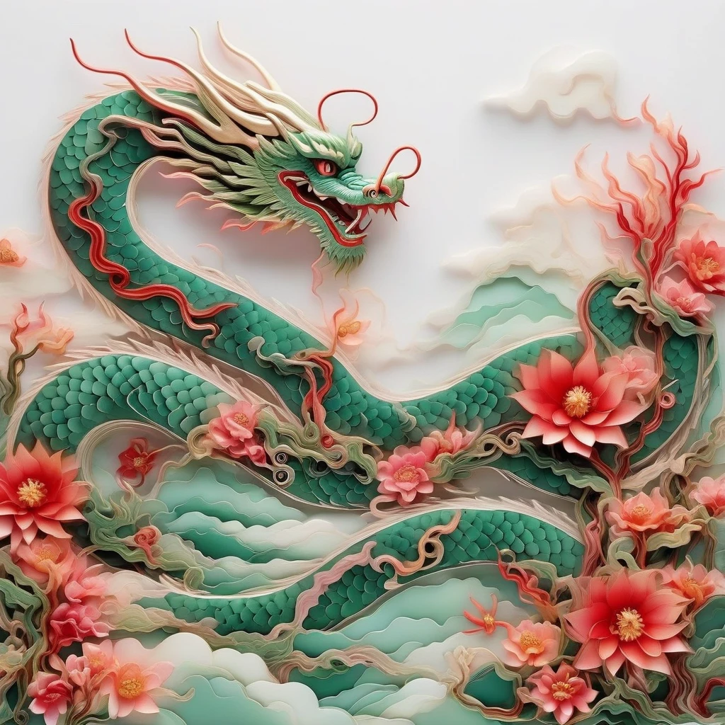 an image of red and green chinese dragon ,river,hill, cloud,flowers ,paper quilling art <lora:20240205_spring_dragon_checkpoint-4000:1.0>
