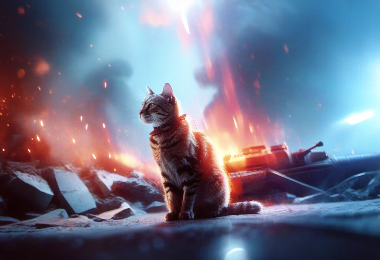 cinematic film still, A cat, bfv, <lora:BFXL:1> . city, vignette, highly detailed, high budget, cinemascope, moody, epic, gorgeous, film grain, grainy, fire, explosion