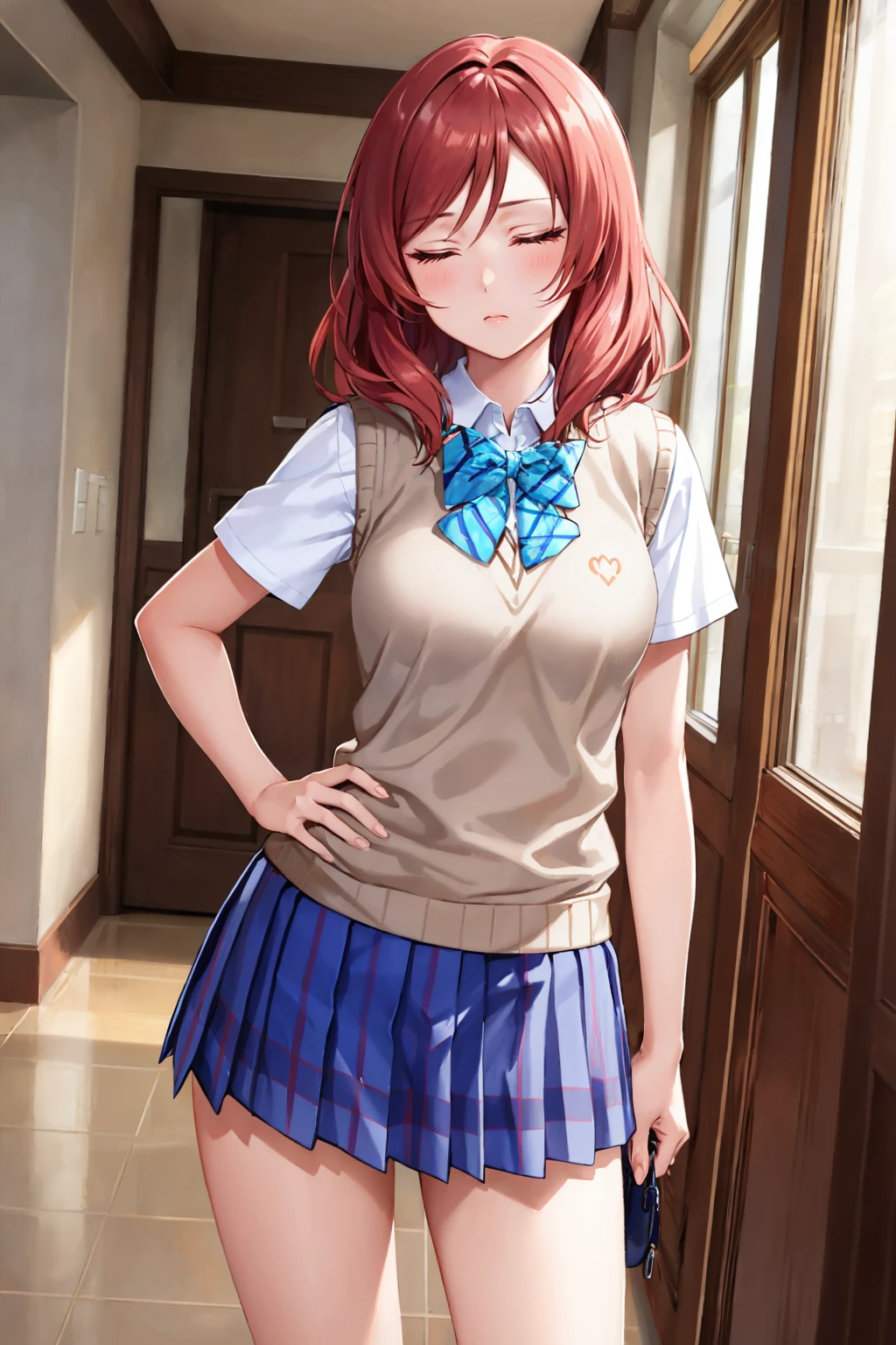 masterpiece, best quality, <lora:llmaki-nvwls-v1-000010:0.9> defMaki, white shirt, tan sweater vest, striped blue bowtie, short sleeves, plaid skirt, pleated skirt, hand on hip, closed eyes, sigh, hallway