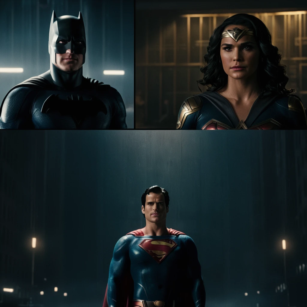 cinematic film still of <lora:Split Screen Style:1>
a series of three different images of superman, batman, wonder woman,Split Screen Style, superhero, division of the screen, half screen, several simultaneous images, shallow depth of field, vignette, highly detailed, high budget, bokeh, cinemascope, moody, epic, gorgeous, film grain, grainy