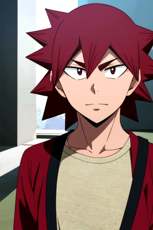 photorealistic, (4k), depth of field, (Masterpiece), (realistic skin texture), extremely detailed, intricate, hyper detailed, high resolution, professional photography, , depth of field, sharp detail, best quality, looking at viewer, 1boy, solo, male focus, <lora:shoukichi_naruko:0.92>, shoukichi_naruko, red hair, red eyes, spiked hair