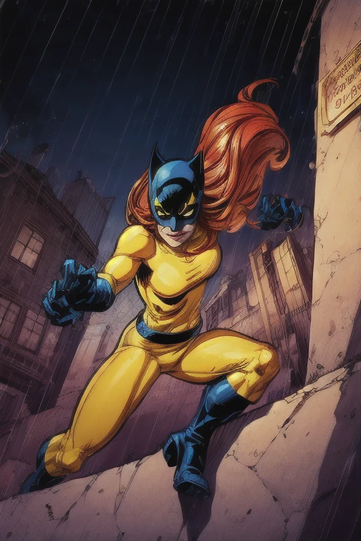 (Masterpiece, best quality:1.2), , 1girl, hellcat, redhair, yellow jumpsuit, cat mask, blue belt, blue boots, blue gloves, claws, action pose, city, night, dramatic lighting, detailed eyes, (perfect eyes), (((perfect hands))), face, smirk, <lora:Patsy_Walker_Hellcat-000006:1> <lora:detailed_eye:1> <lora:GoodHands-vanilla:1><lora:add_detail:0.8>, warm color tones, volumetric light, thick outlines, inked comic, (highrez)