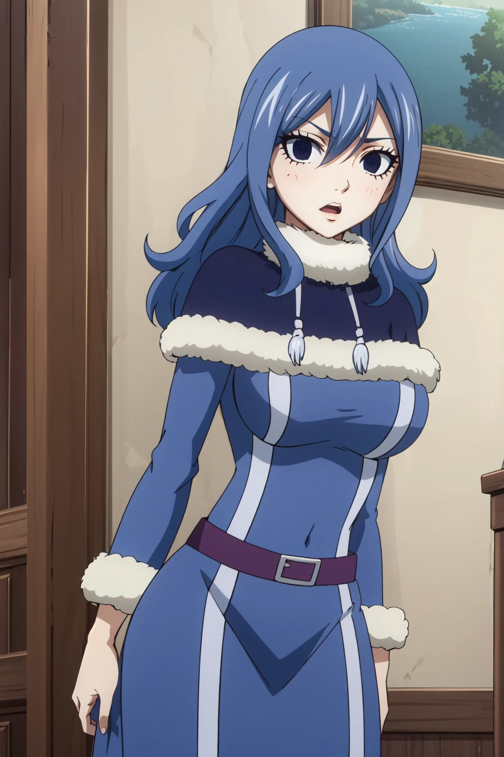 <lora:anime_screencap_v2:0.3> tall body, tall, long legs, mature female, mature, adult, <lora:GoodHands-beta2:1.4>,
<lora:eft_fairytail_blue-02:1> , EFT_Juvia, 1girl, blue hair, solo, long hair, blue eyes, upper body, capelet, fur trim, open mouth, breasts, hair between eyes, blue dress, dress, looking at viewer, facing viewer, from front, cowboy shot