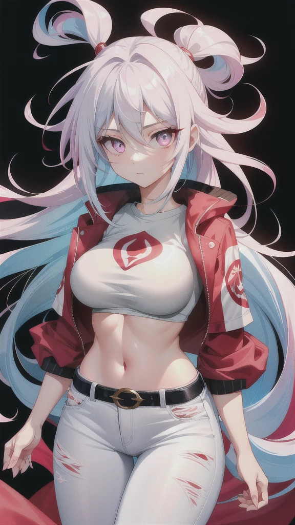 (16k cg wallpaper, 16k ultra hd, 8k cg wallpaper, 8k ultra hd, photograpic), (messy hair, light blue hair, long hair), (pink eyes, pink iris, black pupil, white sclera, symmetrical eyes), (wide hips, thin waist, six pack, 175cm tall, 55kg weight, symmetrical body, well proportioned body), (medium sized boobs, symmetrical boobs), ((white, jeans, shorts) and (fabric, red, long slevee, jacket) and (fabric, light gray, crop top, t-shirt)),