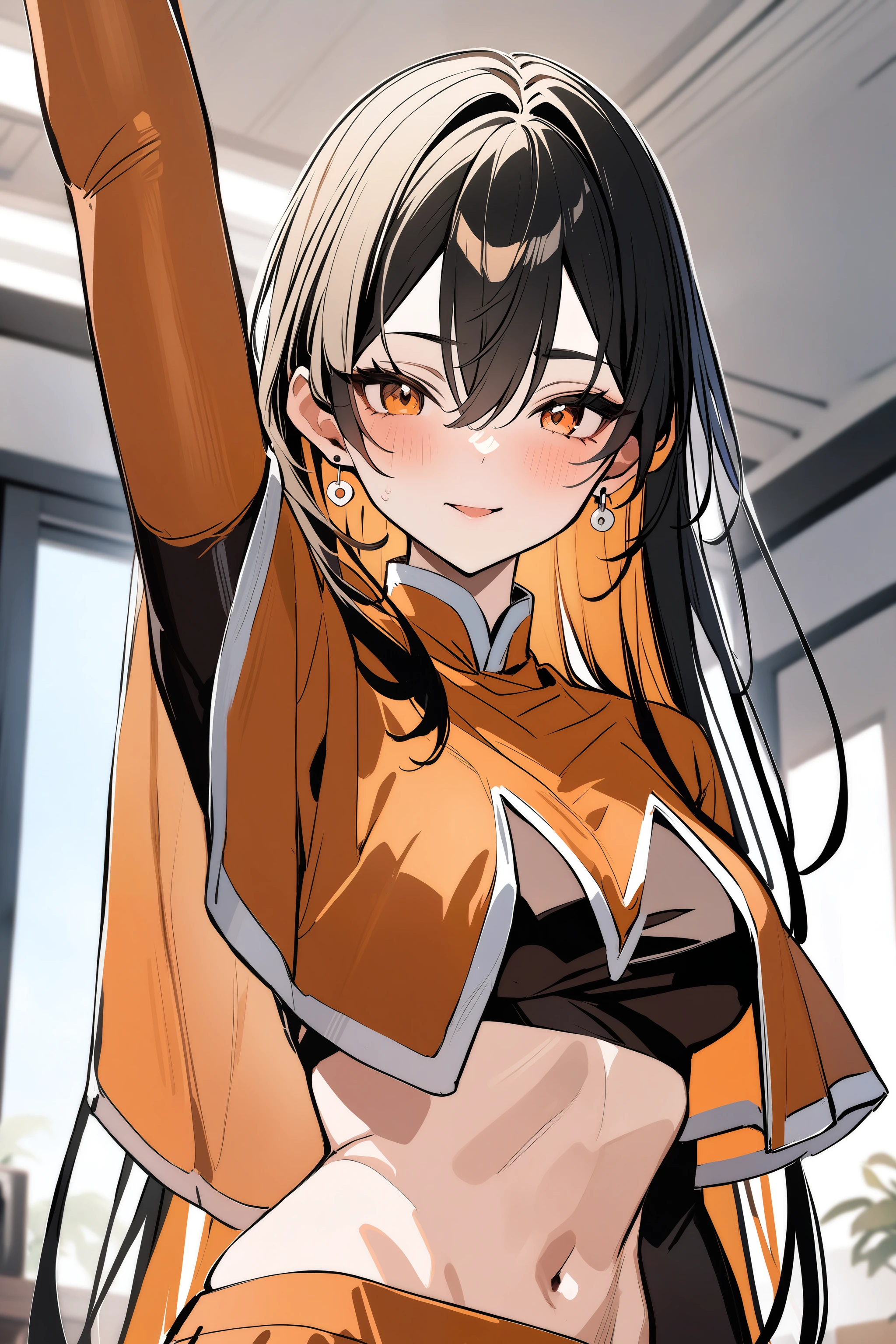 masterpiece, best quality, newest, 1girl, solo, monerochan, black hair, colored inner hair, orange capelet, dark top, sleeves, midriff, orange eyes, round stud earrings, waving, upper body, <lora:monerochan_xl_2_2:1.0>