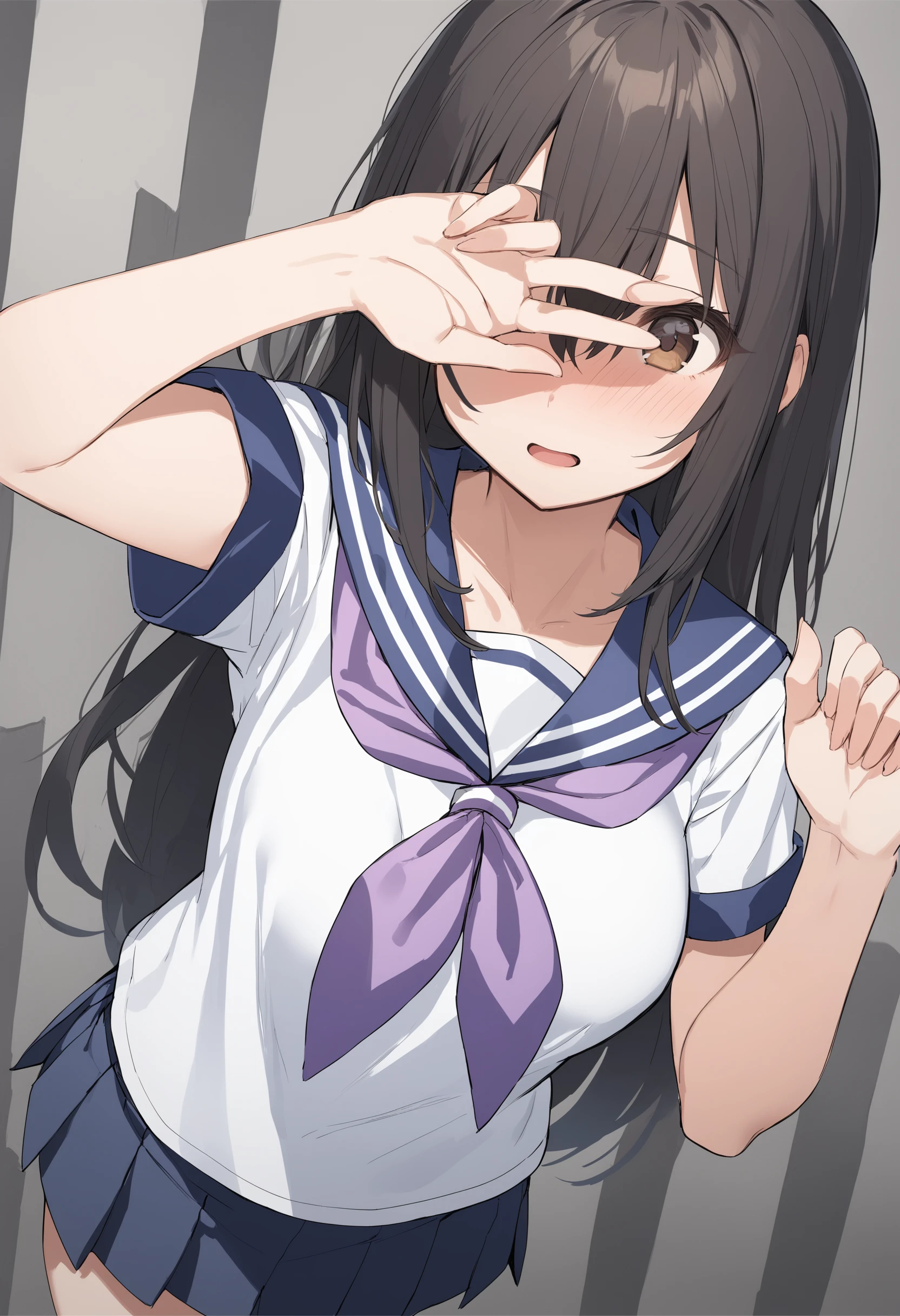 1girl,
<lora:coveringeyesXLv1:0.7>,covering eyes,
black hair, brown eyes, blush,sailor collar, hair between eyes, long hair, medium breasts, miniskirt, pleated skirt, purple neckerchief, school uniform, serafuku, short sleeves, solo, white shirt,megami magazine,
from above, wide shot, looking ahead, fingersmile, prison, open mouth,
masterpiece, best quality,