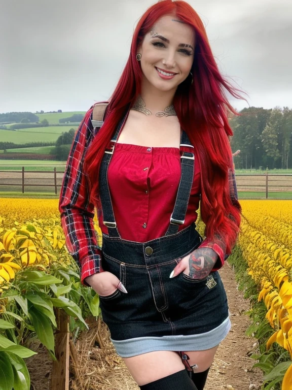 <lora:V4lSt33l3_v1:1>, high quality, high resolution, realistic, beautiful (V4lSt33l3) girl in farmer outfit, red hair, piercings, looking at the viewer, smile