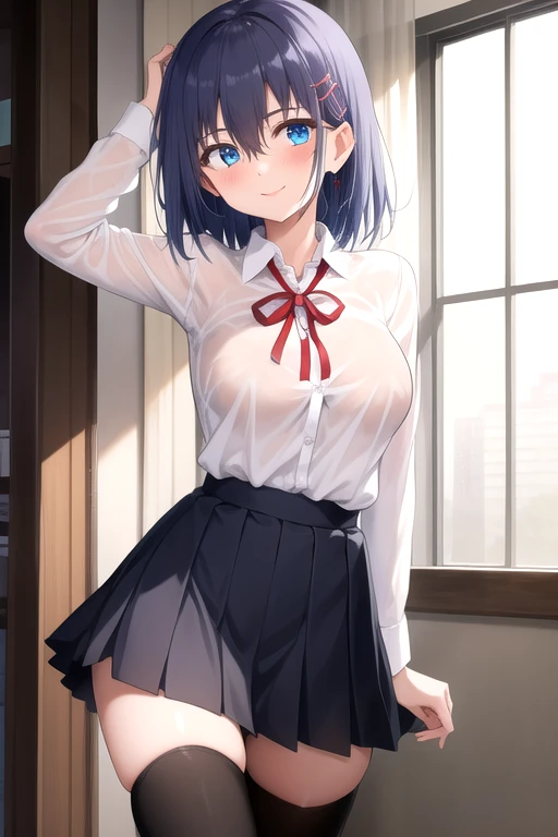 ((masterpiece)),(best quality),official art,extremely detailed CG,unity 8k wallpaper,ultra detailed,beautiful detailed eyes,extremely detailed face,1girl,solo,cowboy shot,looking at viewer,facing viewer,smile,hoshizuki kaede,medium hair,blue hair,hair ornament,hairclip,sidelocks,hair between eyes,blue eyes,collared shirt,white shirt,red ribbon,long sleeves,large breasts,miniskirt,grey skirt,pleated skirt,zettai ryouiki,black thighhighs,loafers,<lora:Hoshizuki Kaede(kts)>,