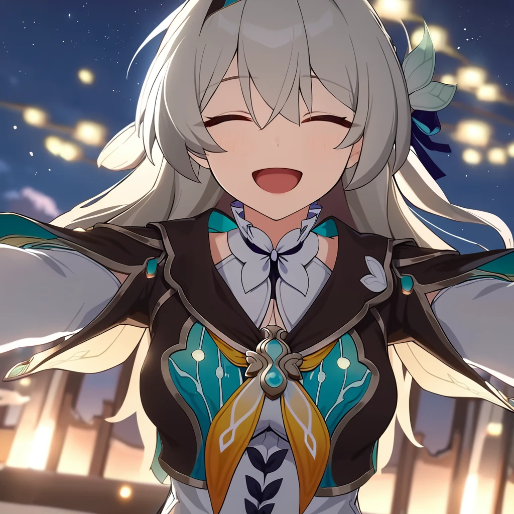 best quality, masterpiece, <lora:firefly:1>firefly \(honkai: star rail\), 1girl, solo, outdoors, outstretched arms, open mouth, closed eyes, white dress, long sleeves, night sky, :d, star \(sky\)