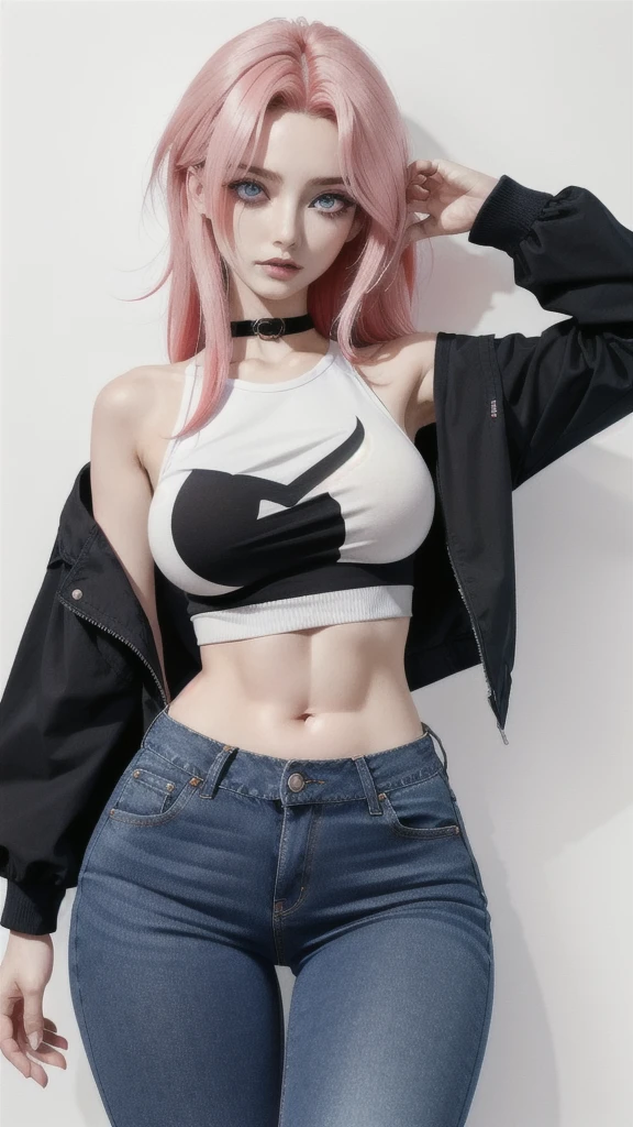 (16k cg wallpaper, 16k ultra hd, 8k cg wallpaper, 8k ultra hd, photograpic), (messy hair, bright pink hair, long hair), (blue eyes, blue iris, black pupil, white sclera, symmetrical eyes), (wide hips, thin waist, six pack, 175cm tall, 55kg weight, symmetrical body, well proportioned body), (medium sized boobs, symmetrical boobs), ((jeans, blue, jeans pants) and (fabric, black, thong) and (fabric, black croptop jacket) and (fabric, white croptop t-shirt)),