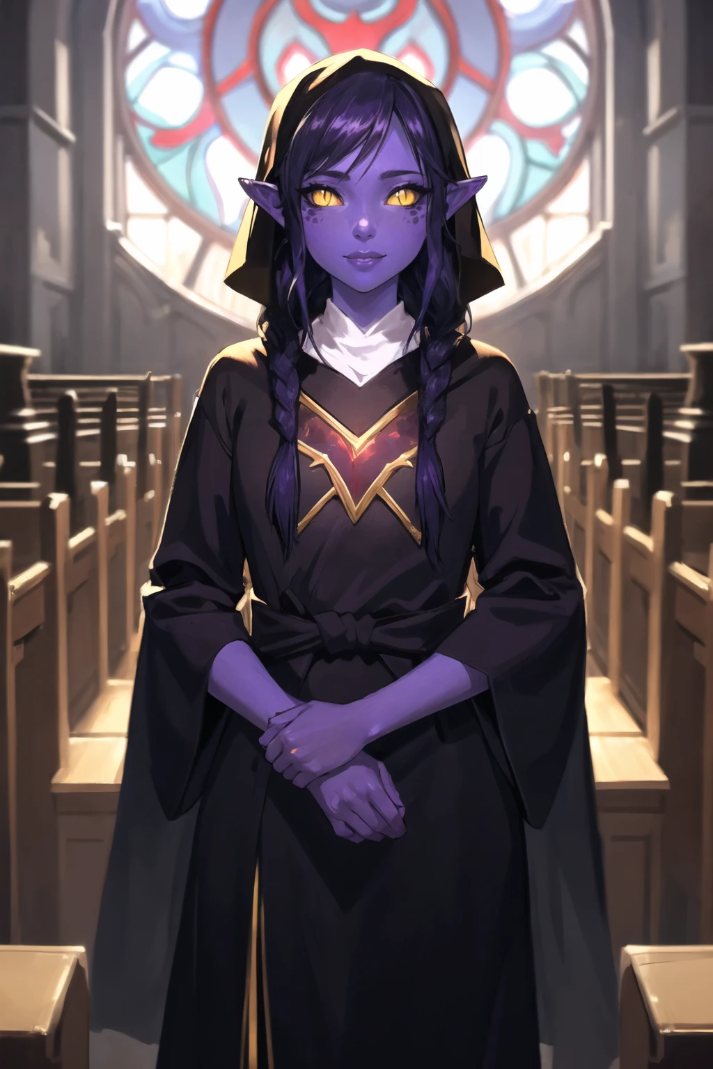 (best quality), 1girl, solo, Shyvana, dragon girl, facial mark, pointy ears, yellow eyes, colored sclera, slit pupils, colored skin, (purple skin:1.2), twin braids, low ponytail, long hair, black hair, <lora:Shyvana_V1-Manityro-dadapt:1.0>, toned, looking at viewer, smile, indoors, church, (sunbeam:1.2), nun robe, black robe