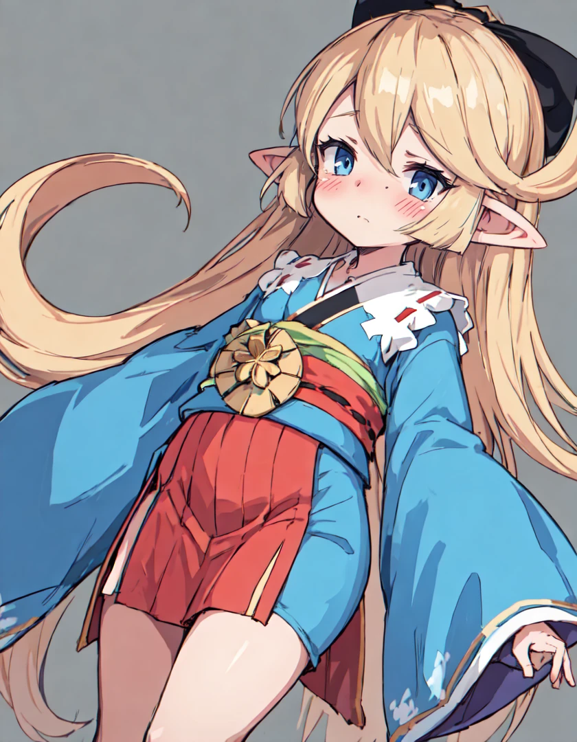 masterpiece, best quality, absurdres, charlotta, 1girl, solo, blush, flat chest,
miko, kimono, long sleeves, wide sleeves, sash,
leaning back,
simple background,