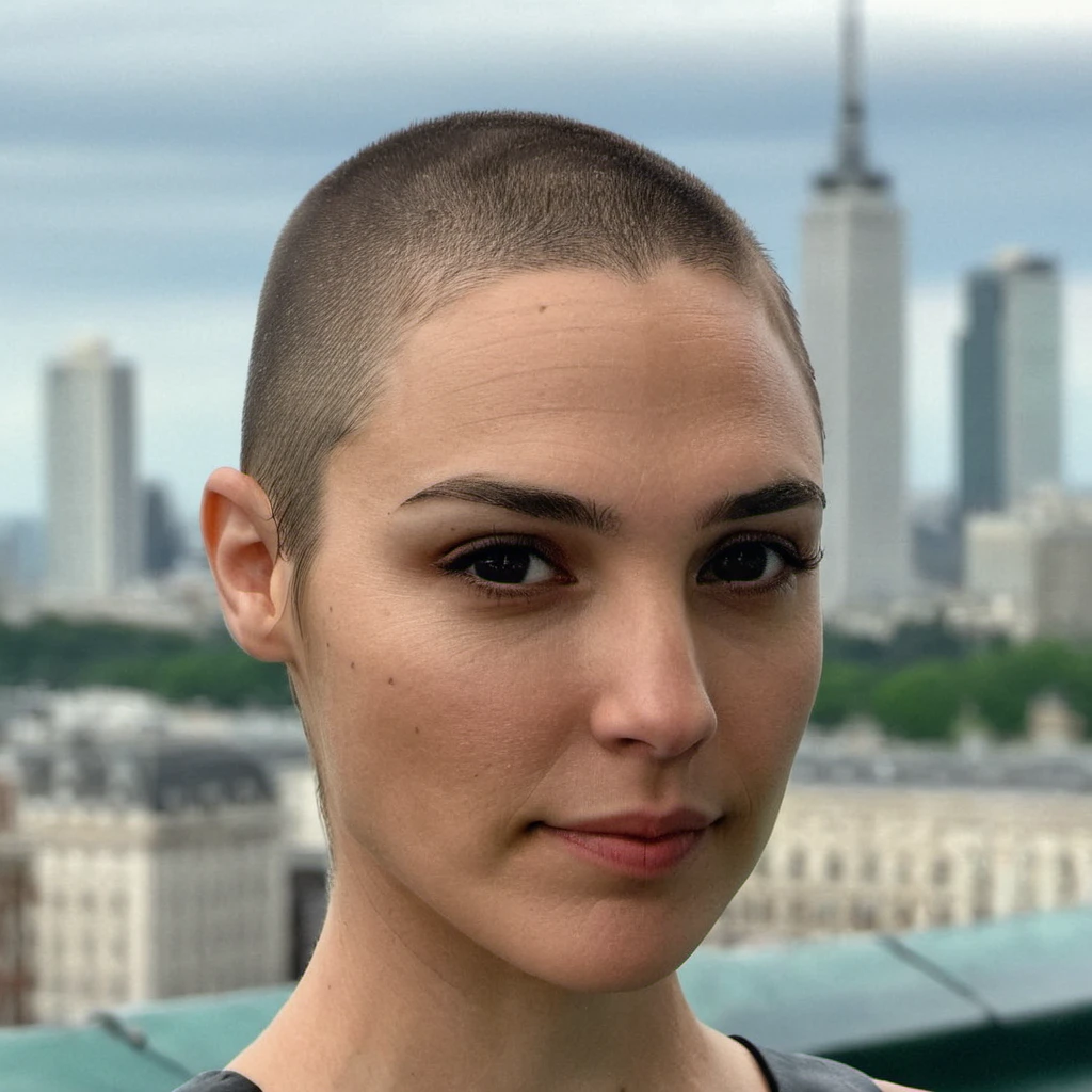 Buzzcut, no hair, bald, (Skin Texture, pores, natural,iPhone,RAW)), natural lighting, Highest Quality closeup Portrait photo of a woman wearing no makeup with a ((buzzcut)), Nikon Z9, realistic matte skin, blurry city in the background, 8K, , <lora:galgadot_xl_1_standard-000079:1>