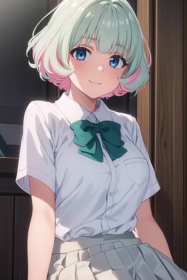 hibikimorishima, <lora:hibiki morishima s1-lora-nochekaiser:1>,
hibiki morishima, short hair, bangs, blue eyes, grey hair, pink hair, multicolored hair, two-tone hair, smile,
BREAK skirt, shirt, thighhighs, bow, school uniform, white shirt, short sleeves, pleated skirt, collared shirt, bowtie, white thighhighs, green bow, pocket, brown skirt, shirt tucked in, breast pocket, green bowtie,
BREAK indoors, classroom,
BREAK looking at viewer, (cowboy shot:1.5),
BREAK <lyco:GoodHands-beta2:1>, (masterpiece:1.2), best quality, high resolution, unity 8k wallpaper, (illustration:0.8), (beautiful detailed eyes:1.6), extremely detailed face, perfect lighting, extremely detailed CG, (perfect hands, perfect anatomy),