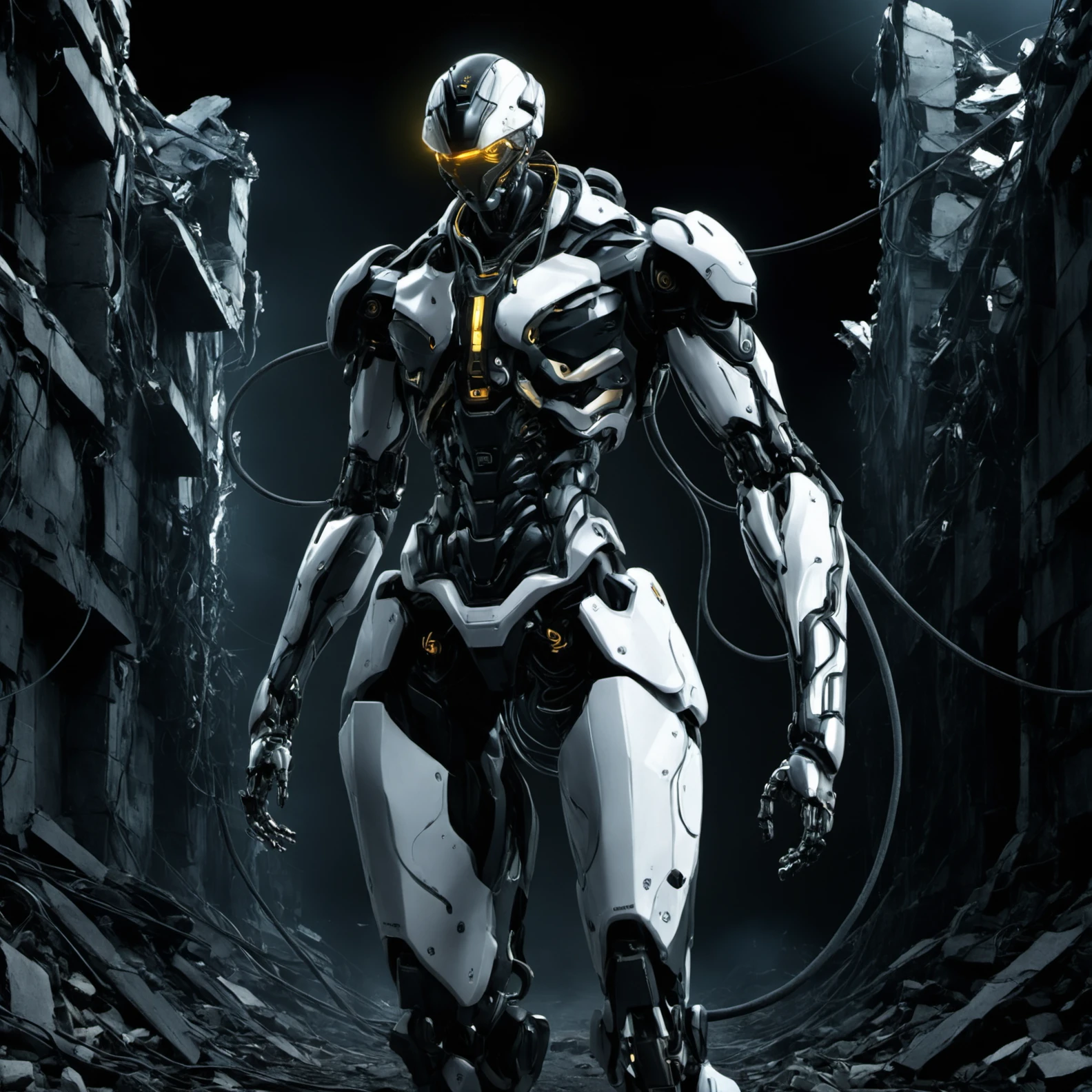 FUNDING,future,concept robot,simple background,1boy,standing,male focus,helmet,robot,black background,science fiction,cable,cyborg,wire,humanoid robot,<lora:FN_WeiLai:1.2>,avoid busy backgrounds,rubble_ruins,black and white robots,