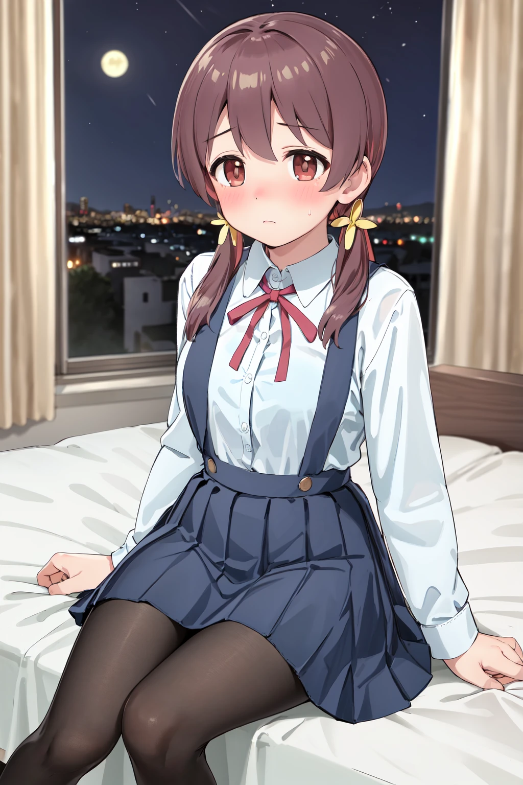masterpiece,best quality,highres,ultra-detailed,murosaki miyo,long hair,low twintails,bangs,hair flower,school uniform,neck ribbon,white shirt,long sleeves,suspenders,long skirt,blue skirt,pantyhose,black pantyhose,<lora:murosaki_miyo:0.7>,indoors,sitting,bed,blush,(embarrass:1.2),night,