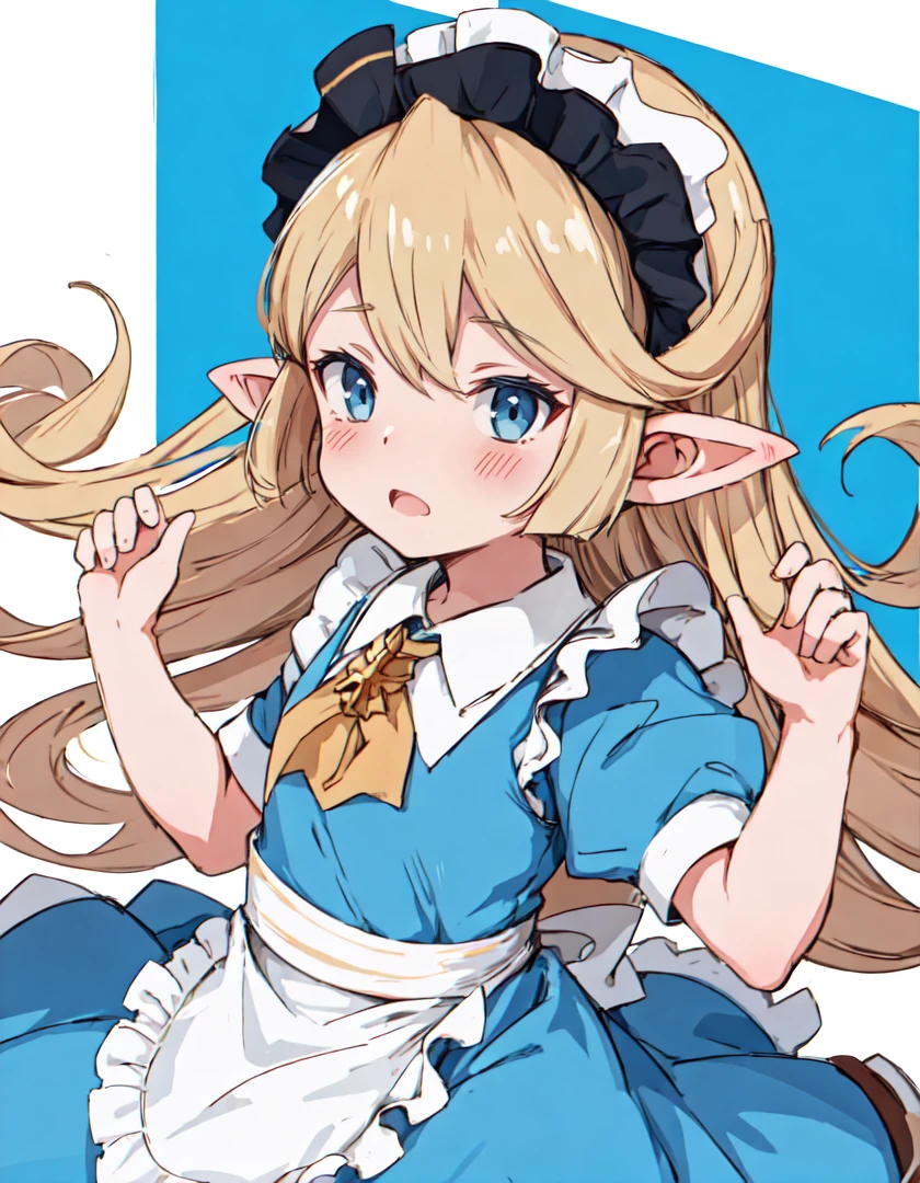 masterpiece, best quality, absurdres, charlotta, 1girl, solo, blush, flat chest,
maid, maid headdress, maid apron,
arched back,
simple background,