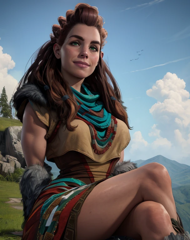 aloy,red hair,long hair,green eyes,
tribal,dress,smile,
upper body,sitting,
outdoors,
(insanely detailed, masterpiece, best quality),solo,<lora:aloy-10HFW-ALT:0.9>,