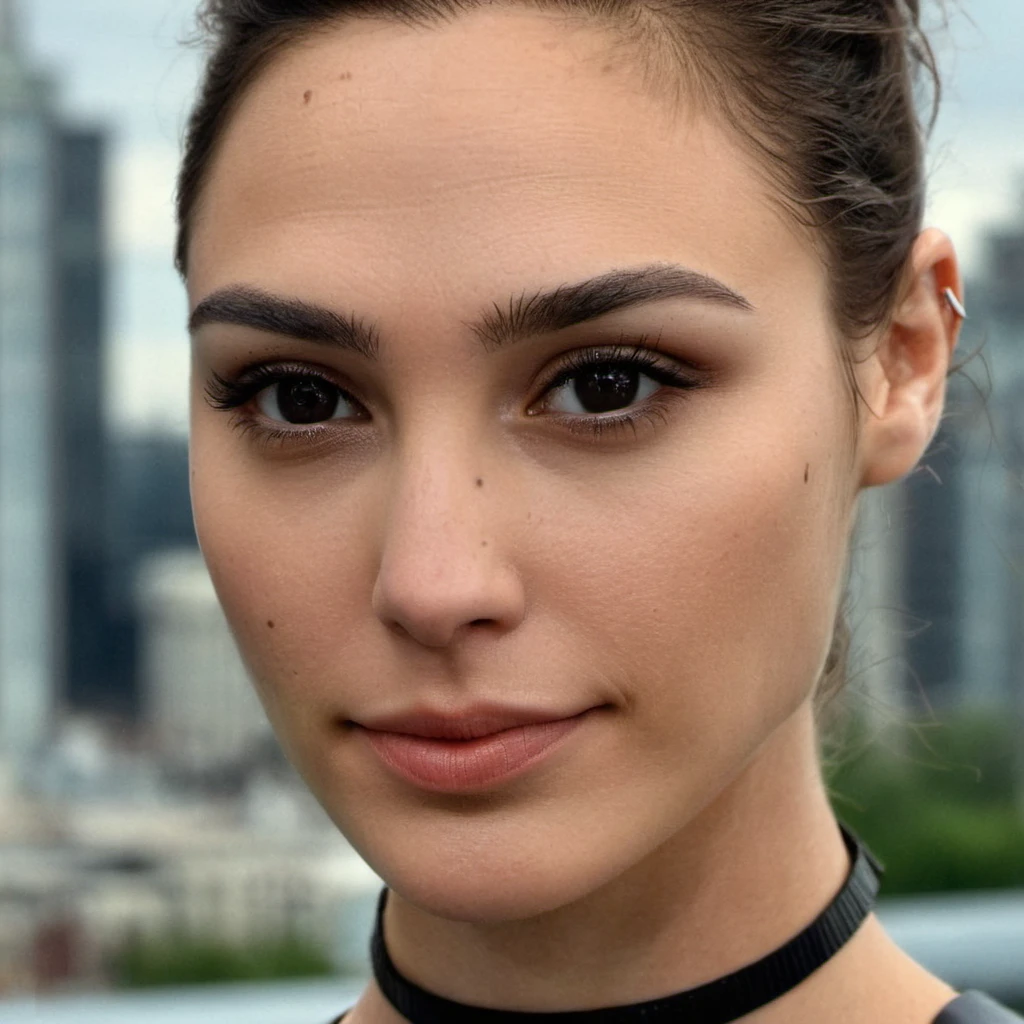 (Skin Texture, pores, natural,iPhone,RAW)), natural lighting, Highest Quality closeup Portrait photo of a pretty woman,black thin choker, clear lipgloss, Nikon Z9, realistic matte skin, blurry city in the background, 8K, symmetric, whole face, , <lora:galgadot_xl_1_standard-000079:1>