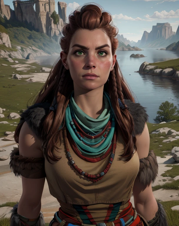 aloy,red hair,long hair,green eyes,
tribal,dress,necklace,serious,
standing,upper body,
outdoors,
(insanely detailed, masterpiece, beautiful face, best quality),solo,<lora:aloy-10HFW-ALT:0.8>,