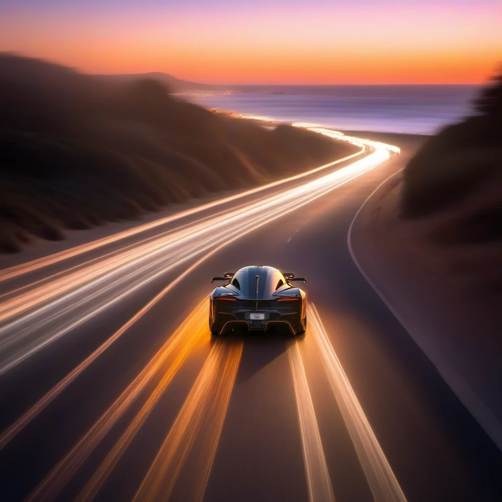 a car, sunset, ocean road, california <lora:McLarenSolusGT1024-000280:0.8>