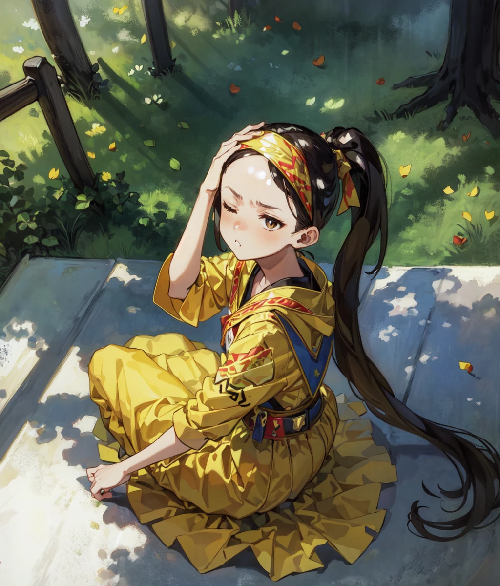 masterpiece, high res, anime screencap, 1 girl, solo, sitting, on the floor, hand on head, eyes closed, pain face, seen from above, long hair, ponytail, forehead, headband, yellow black costume, forest, full body, cowboy shot  <lora:Reki:1>
