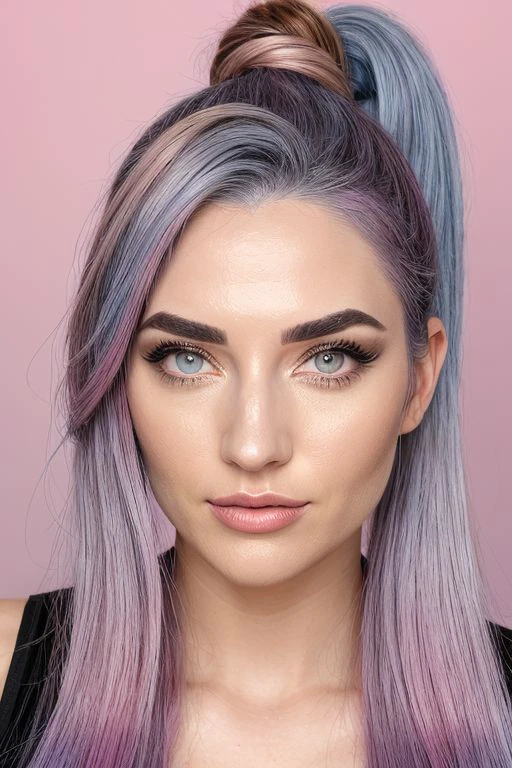 1girl, solo, ((light grey eyes)), ((two-toned hair:1.4), (gradient hair:1.2) (blue hair) fading to (pink hair), ((ponytail))), (bright, clear eyes), (enhanced eyelashes), (mascara:1.25), (bold brown eyebrows:1.12), (eyeliner:1.26), (smokey eyeshadow:1.35), (blush:1.23), (bright red lips:1.4), (lipgloss:1.3), ((lush lips)), (prominent cheekbones:1.3), (large breasts:1.7), ((realistic nipples)), ((soft, smooth skin)), (aroused:1.73), (half grin:1.3), (((wearing jeans and a t-shirt))), walking by boardwalk shops, beach boardwalk, (sunset:1.65), depth of field, bokeh, perfect illumination, best rendering, perfect lighting, ultra realistic, realism, 4K, high definition, hyper resolution, (high camera angle:1.4)