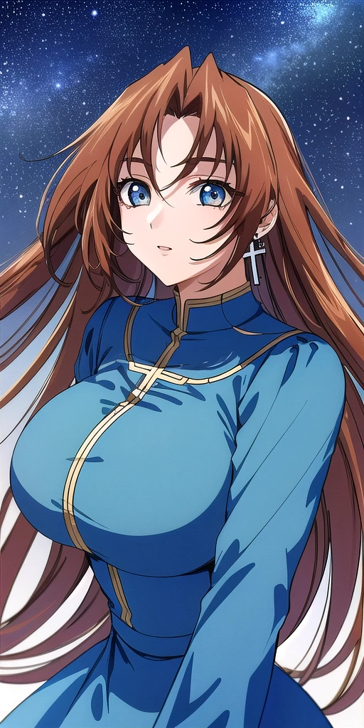 <lora:EclairV3:0.7> kgeclair, huge_breasts, standing, solo, cross_earrings_single_earring, blue_dress, starry_sky,, masterpiece, best quality, detailed face, detailed eyes, highres,