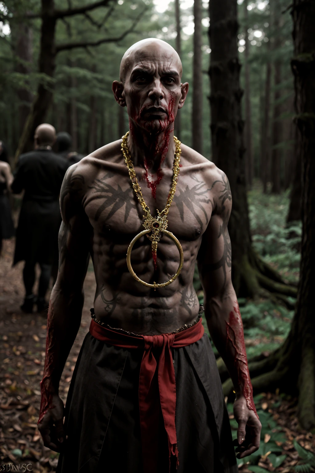 gothic style ((Full-Length Shot)),(best quality, high quality, sharp focus:1.4), monster in forest, male, bald, realistic ,masterpiece, <lora:uns33nng:.7> blood uns33nng . dark, mysterious, haunting, dramatic, ornate, detailed