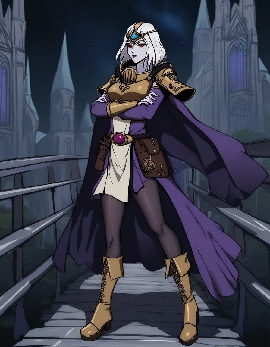 1girl,solo,cassiart,pale skin,purple dress,boots,pantyhose,armor,cape,full body,standing,on spacecraft bridge,gothic cathedral style,red eyes,outer space,crossed arms, <lora:CassiaAni:0.85>