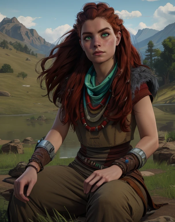 aloy,green eyes,red hair,long hair,
tribal,dress,brown pants,necklace,
sitting,
outdoors,science fiction,
(insanely detailed, masterpiece, best quality),solo,<lora:aloy-10HFWv8:0.8>,