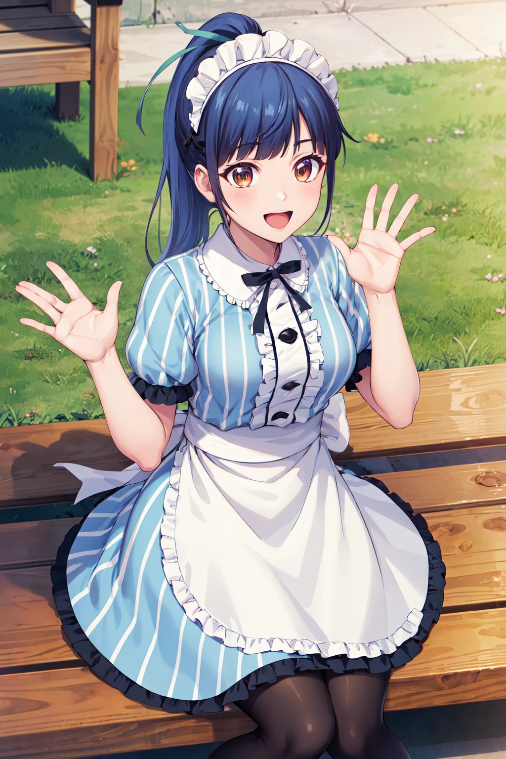 masterpiece, best quality, highres, 1girl, solo, long hair, blue hair, ponytail, hair ribbon, maid headdress, brown eyes, neck ribbon, frills, vertical stripes, blue dress, short sleeves, apron, black pantyhose, <lora:tsuruga_ami_v1:0.7>, sitting, outdoors, bench, waving, smile, open mouth,
