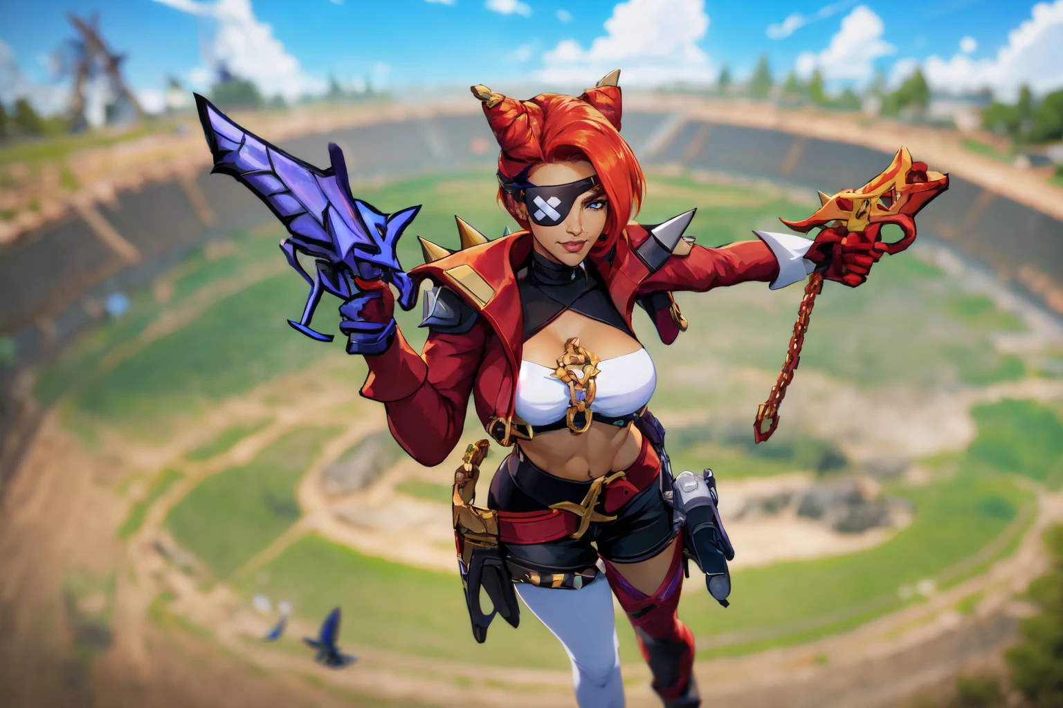 <lora:zoom_slider_v1:3>(( a woman standing in a park, holding guns at grip, grass, butterflies, sunny, blue sky, sexy pose, frontal)) beautiful eyes, beautiful girl, high detail skin, high detail eyes, high detail hair, highres, ultra detailed, sharpen picture, Highly detailed, masterpiece, best quality, photorealistic, <lora:SamiraSFLoRA:1> 1girl, long hair, hair bun, ponytail, eyepatch, jacket, elbow gloves, top with armor, multicolored hair, shorts, belt, single thighhigh, armlet with spikes, asymmetrical legwear, garter with spikes, boots, holster, pirate sash, red gun with chain:1.3, blue gun with chain:1.3, dual wielding