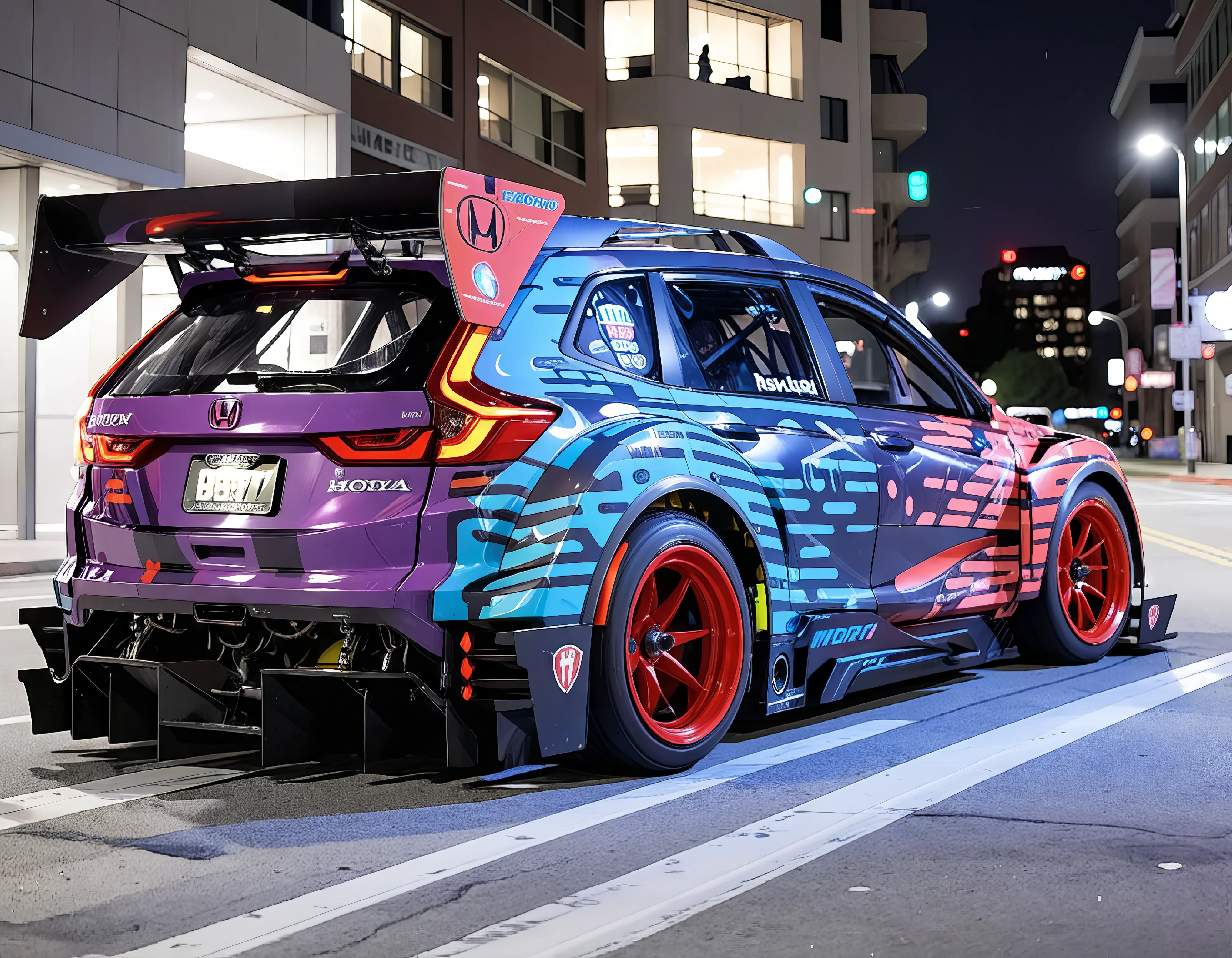 RAC3R, (futuristic:1.2), (cyberpunk:1.2), honda race car, (neon underglow:1.15), nighttime cityscape, (long exposure:1.3), Nikon Z9, Nikkor Z 14-24mm f/2.8 S lens, (Elena Rodriguez photography:1.35), dynamic angles, vibrant colors, street racing vibe,
A heavily modified Honda CR-V Hybrid with a custom body kit, large rear wing, and red alloy wheels is parked, with a brightly lit,The SUV features a colorful livery with black, red, and blue colors and sponsor logos, honda