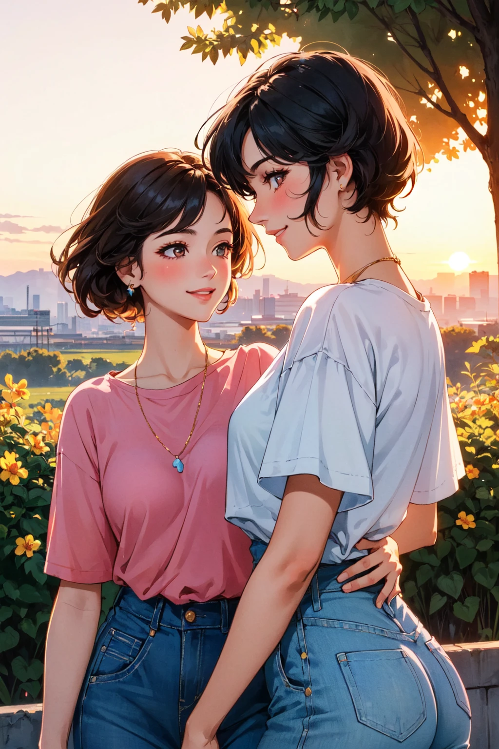 (masterpiece, best quality:1.2), intricate detail, (2girls), (mature women), nature, sunset, golden hour, warm glow, vaporwave, neon, 80s, hand on another's shoulder, casual outfit, smile, looking at another,